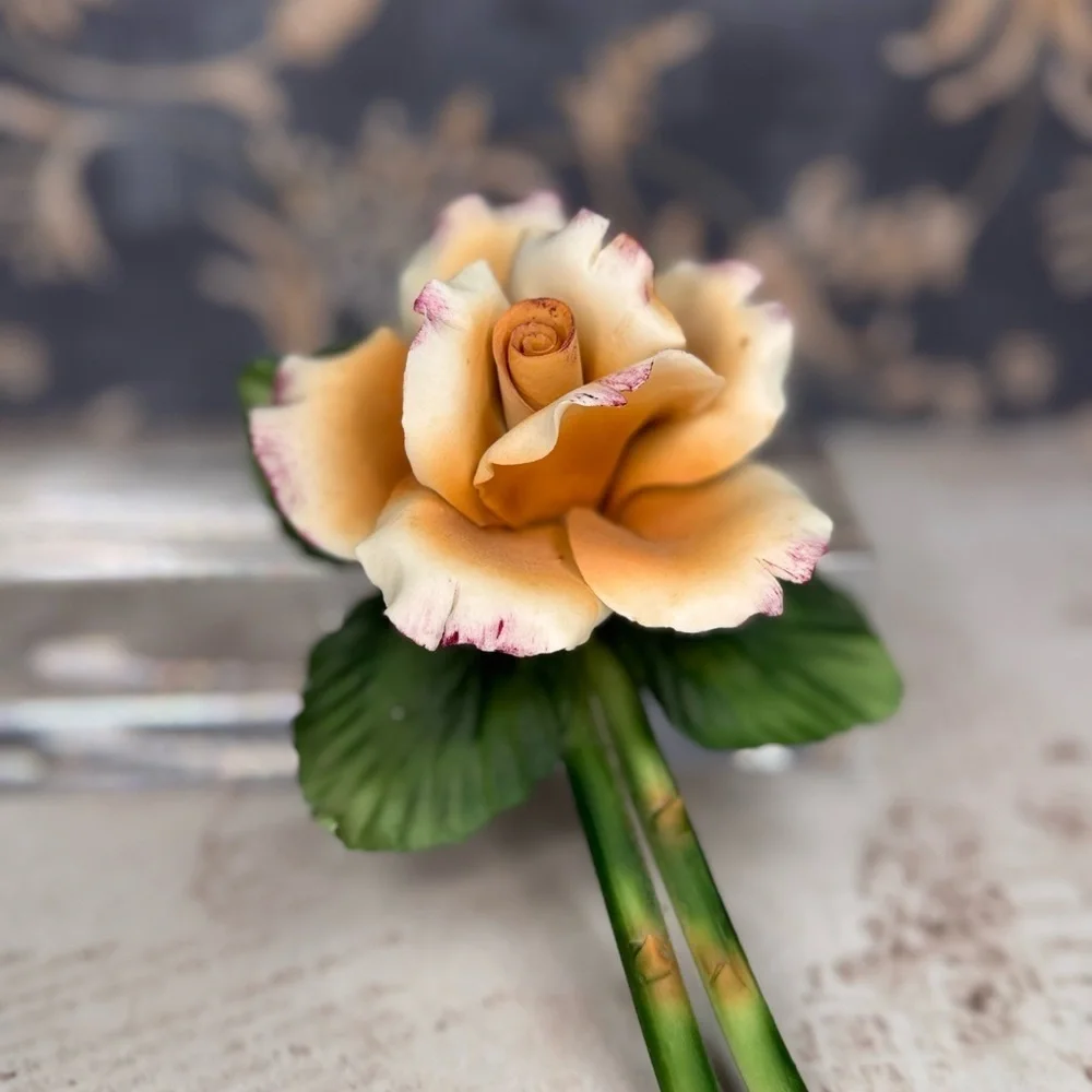 Vintage FABAR Capodimonte Italy Porcelain Peach Rose Flower 6”